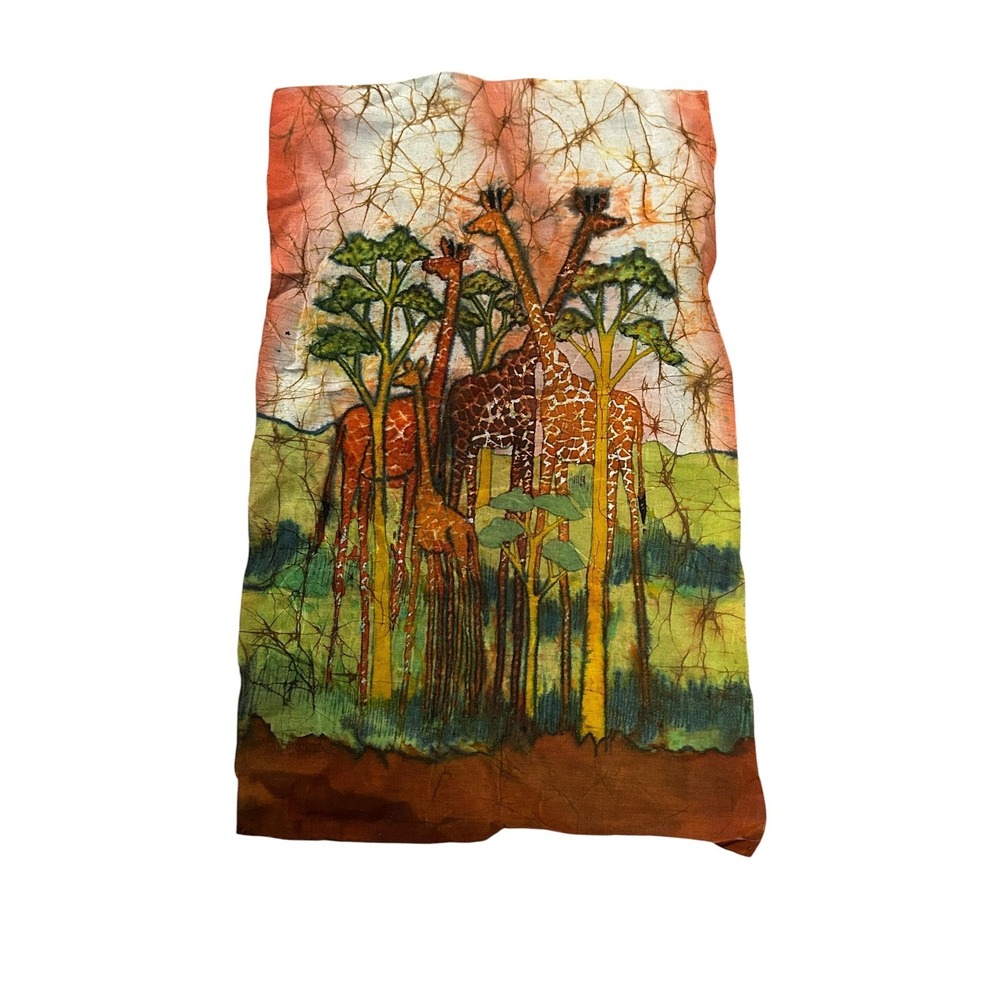 Vintage African Batik Fabric Wall Art –  Giraffe Landscape Textile Painting